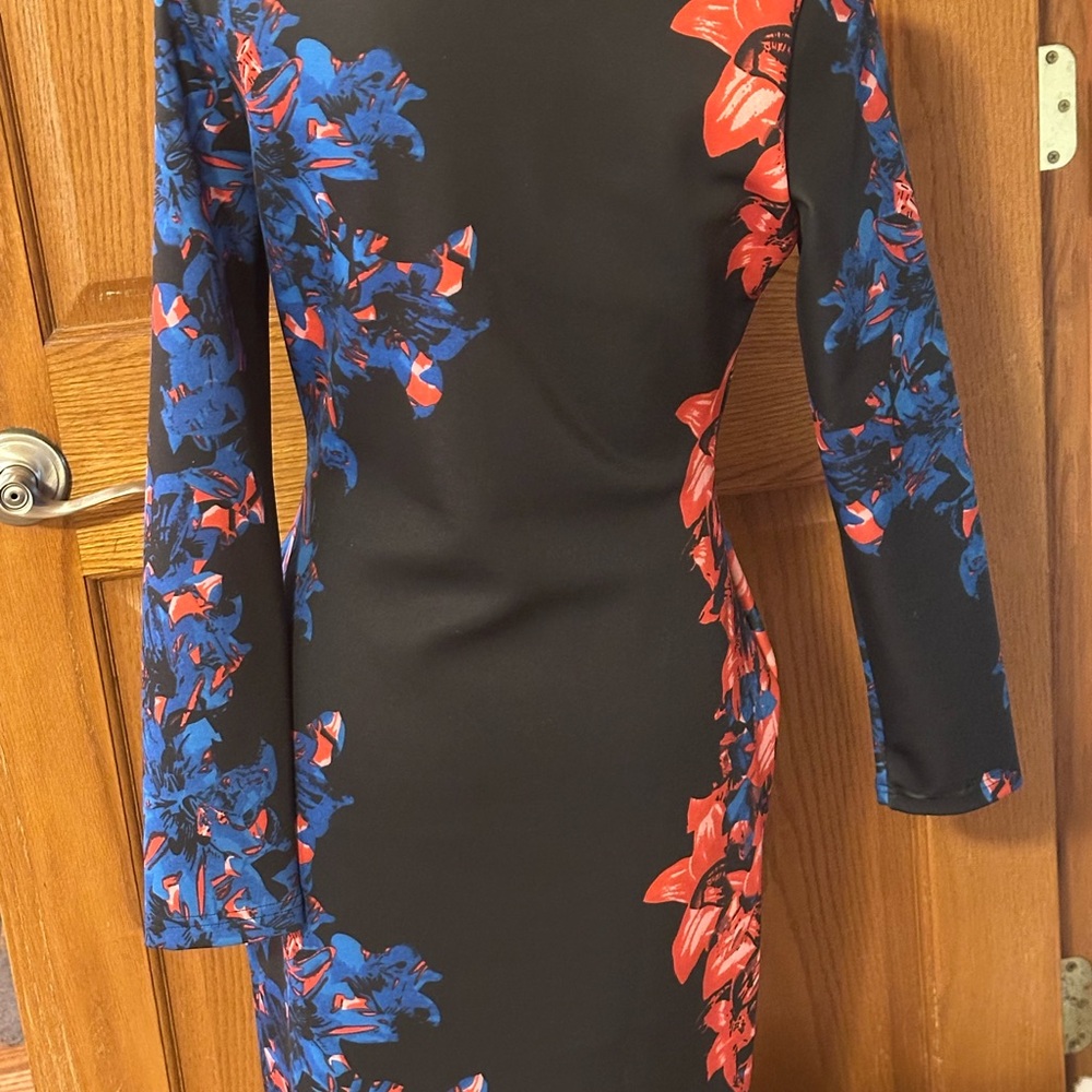VENUS Black Midi Dress with Red and Blue Floral Pattern NWOT